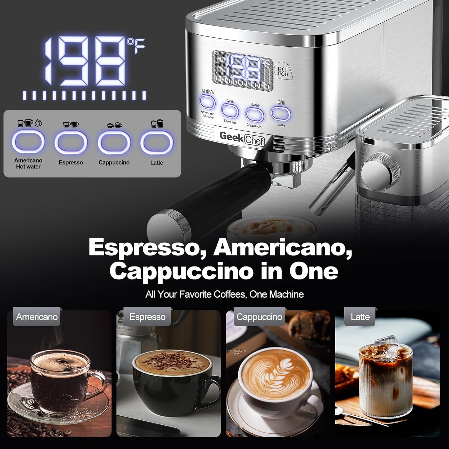 7-in-1 Espresso Machine with Automatic Milk Frother, 20 Bar, Stainless Steel A74814