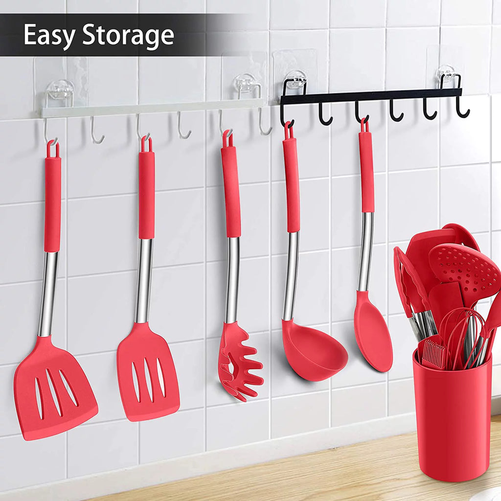 15 Pcs Silicone Non-stick Cooking Utensil Set with Stainless Steel Handle T299955