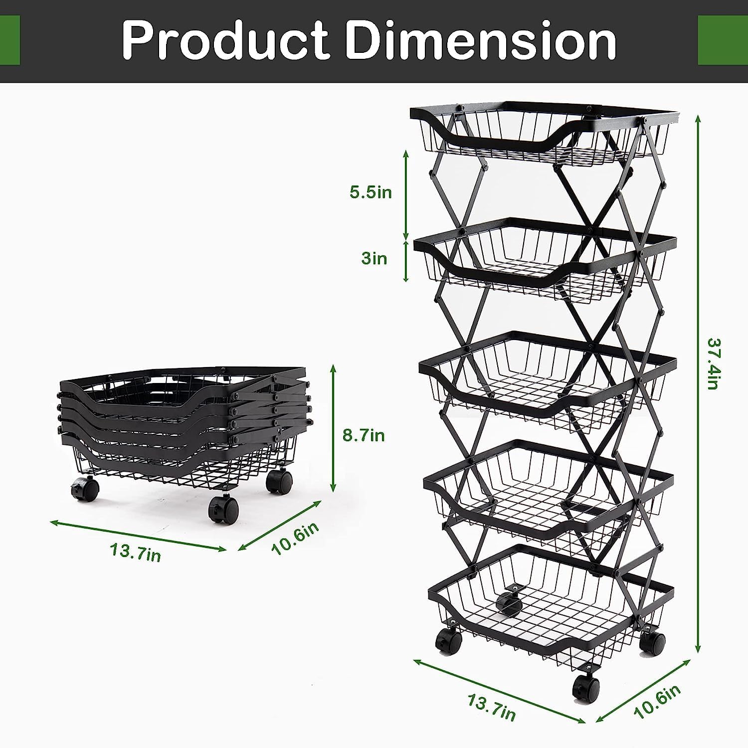 5 Tier Foldable Rolling Storage Cart with Lockable Wheels X820891