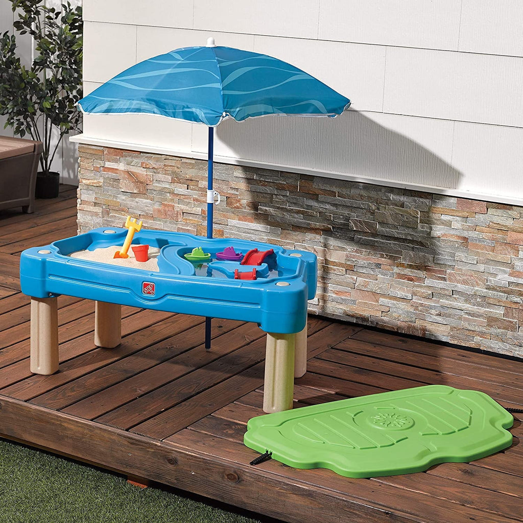 Blue Plastic Sandbox and Water Table with Cover and Umbrella A904858