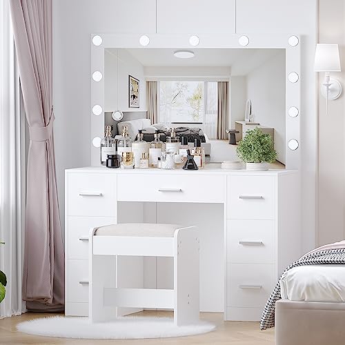 White Vanity Desk with Lighted Mirror and Drawers V85958