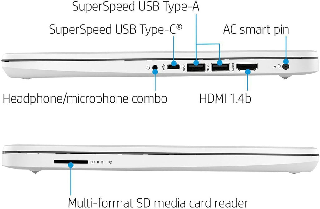14-inch HD Laptop Computer Intel Dual Core 2.8GHz 8GB RAM 128GB 64GB SSD 64GB Card Webcam Bluetooth HDMI USB-C Wi-Fi Windows 11 S White D131