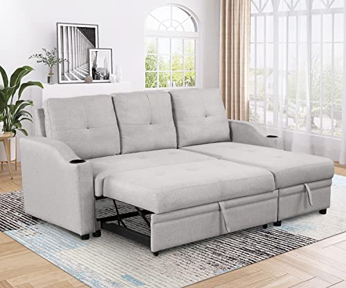 80.3" Linen Fabric 3 Seater Sofa Bed with Storage Chaise W6260