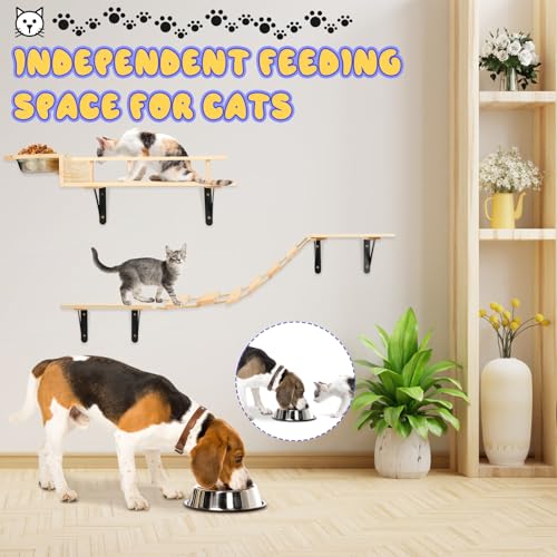 Set of 5 Cat Wall Shelves with 2 Cat Food Bowls, 1 Bridge Ladder & 3 Cat Wall Steps K53653