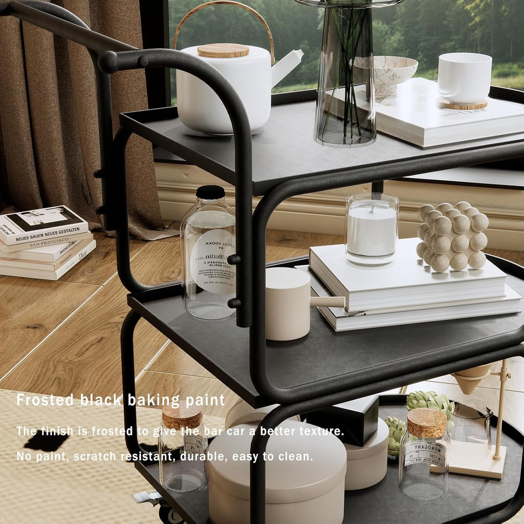 Matte Black 3-Tier Rolling Metal Bar Cart with Lockable Wheels R64576