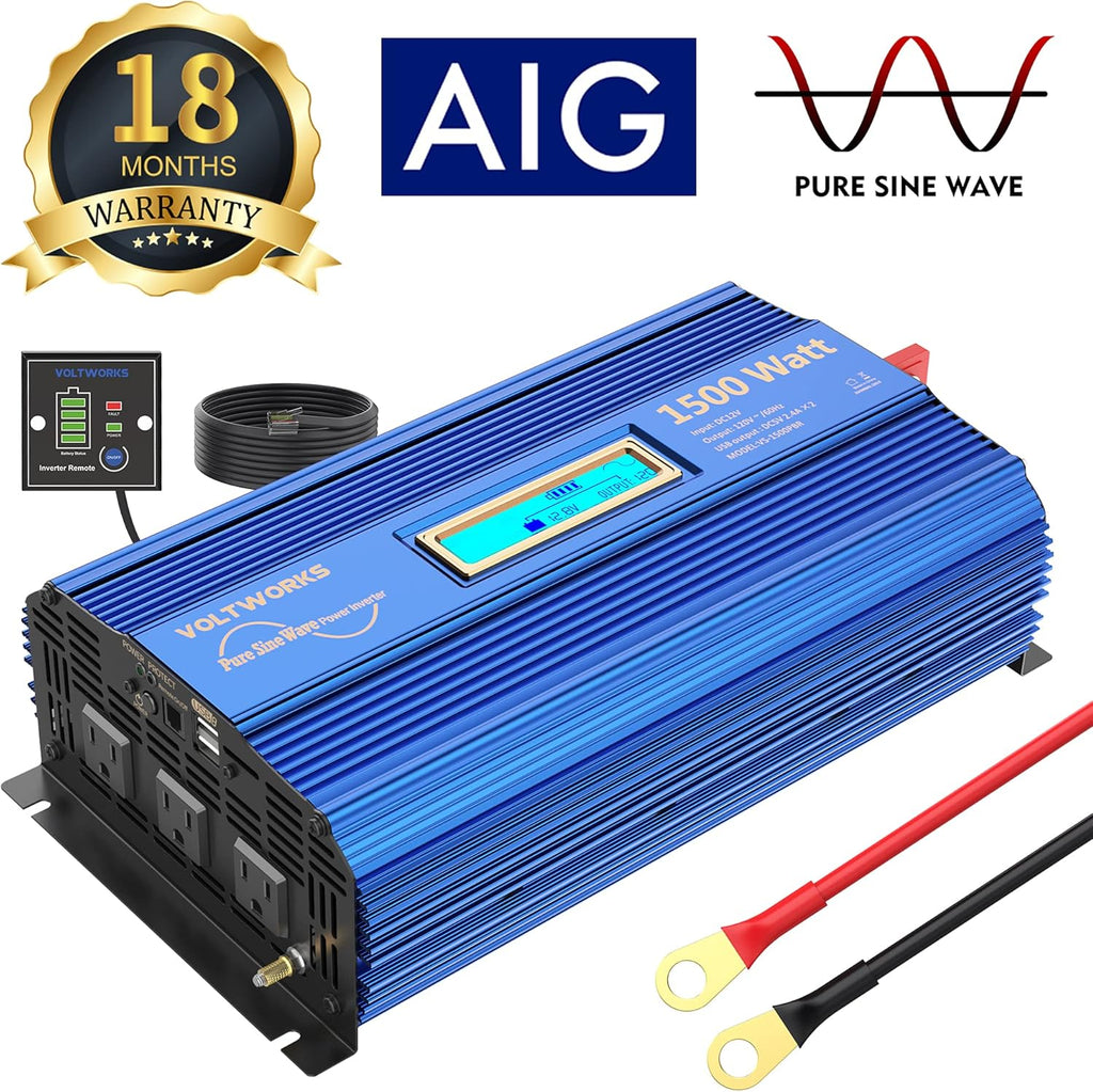 1500W Pure Sine Wave Power Inverter DC 12v to AC 110V-120V with Remote Control LCD Display P88051