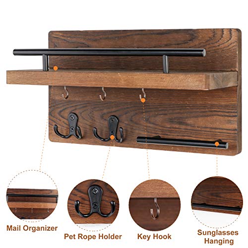 Wooden Mail Organizer Wall Mount with 5 Key Hooks O88638