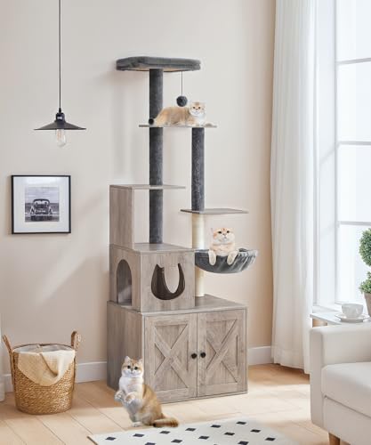 Greige 67.7" H Wooden Cat Tree with Litter Box Enclosure N9284