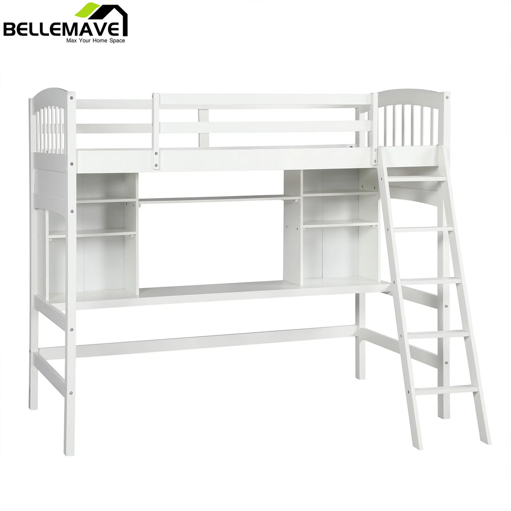 Twin Size High Loft Bed with Storage Shelves, Desk and Ladder Solid Wood Bed Frame with Safety Guardrails White D77146