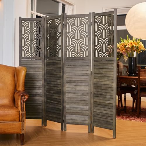 4 Panel Gray Wood Carved Folding Room Divider U138