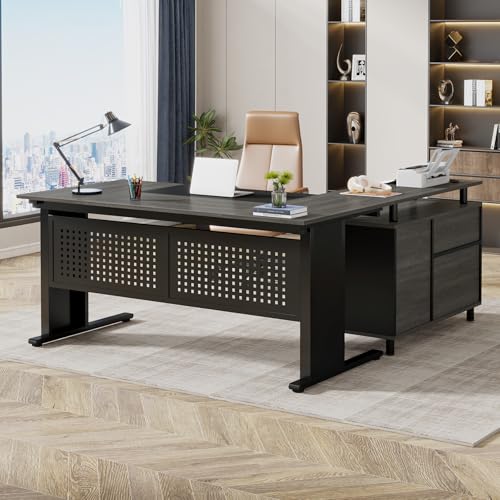 Gray and Black L Shaped Executive Desk with File Cabinet and Drawers K4845