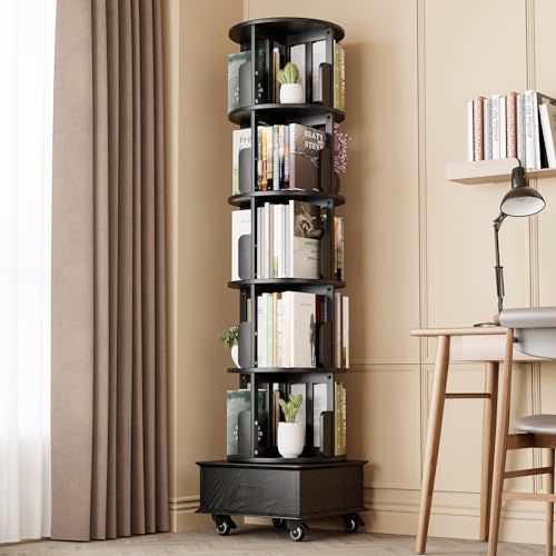 Black 5-Tier Rotating Book Shelf with Drawer V94623