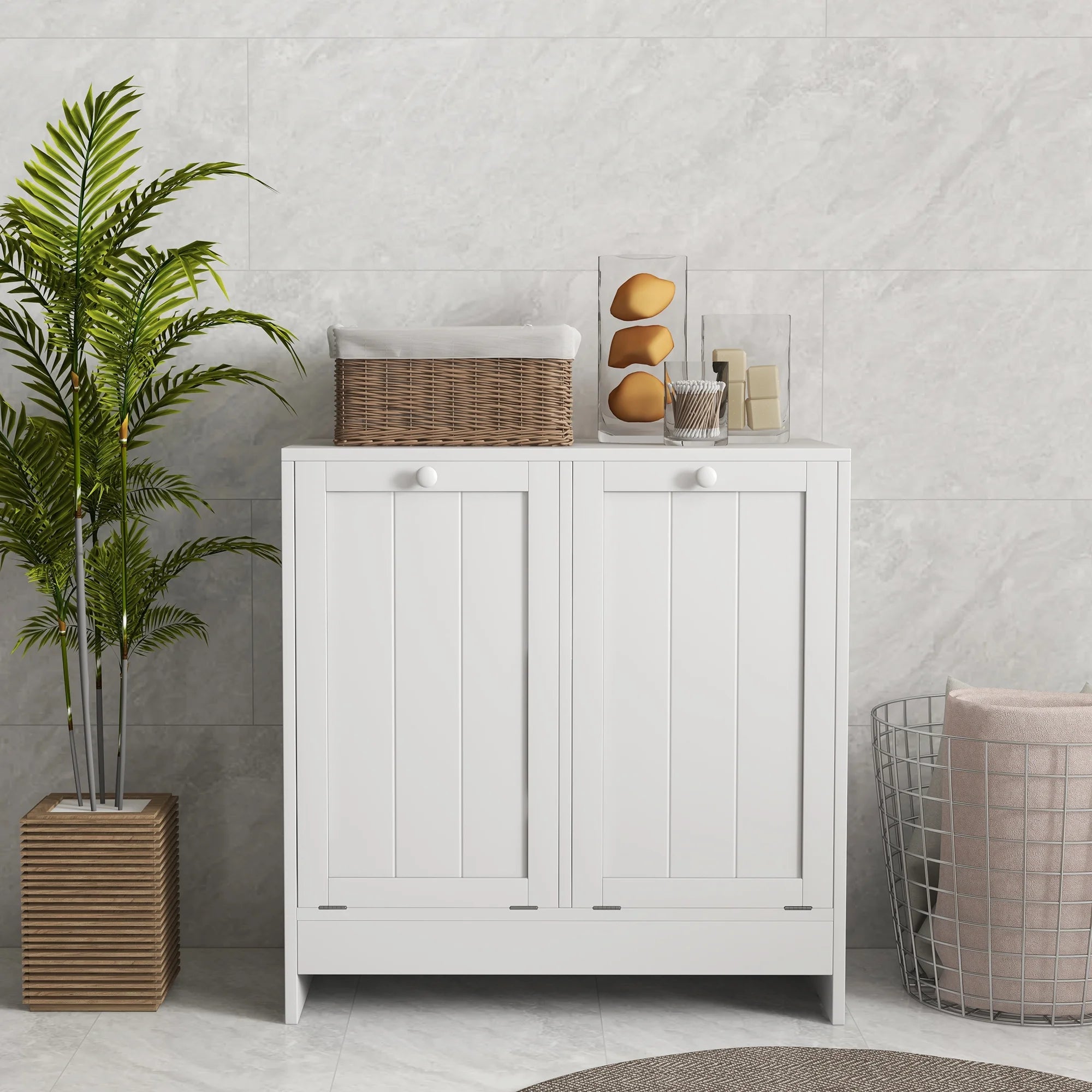 White Tilt-out Laundry Storage Cabinet with 2 Hamper Compartments H6402