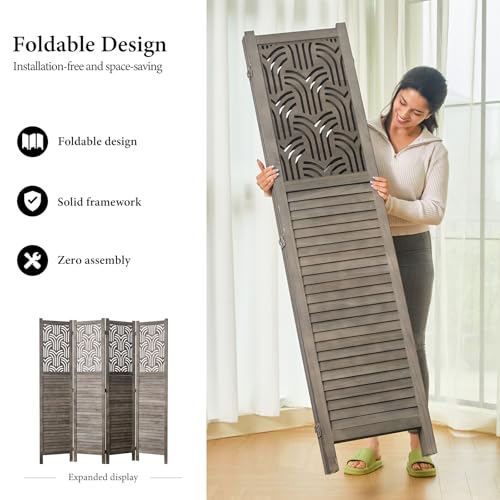 4 Panel Gray Wood Carved Folding Room Divider U138