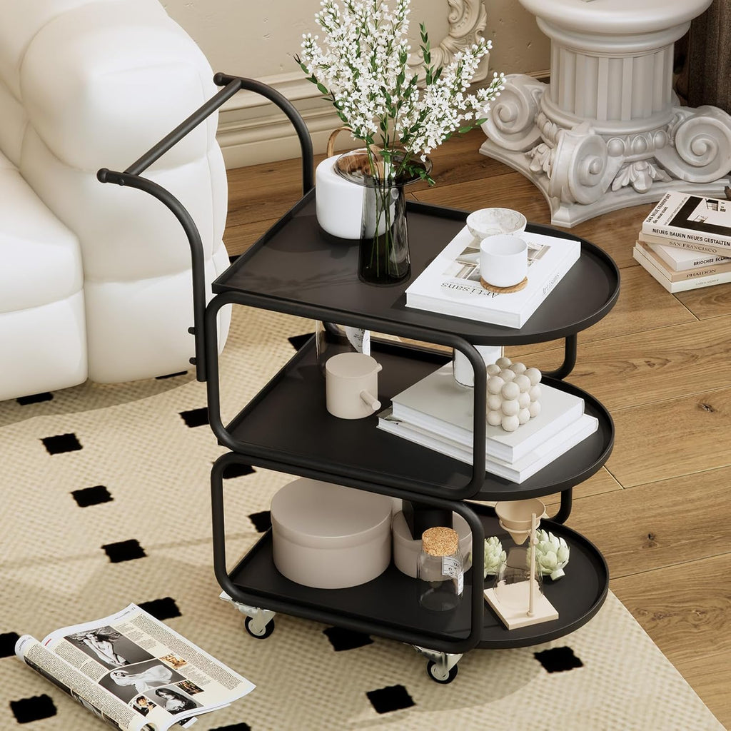Matte Black 3-Tier Rolling Metal Bar Cart with Lockable Wheels R64576