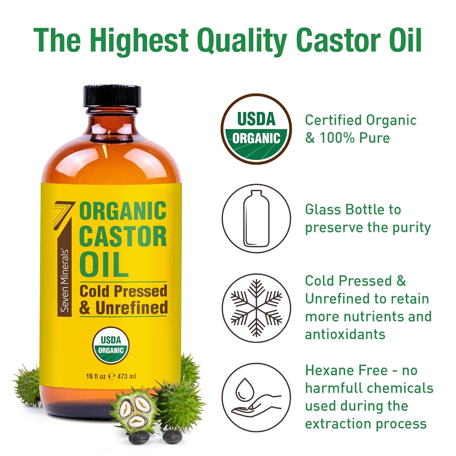 16 fl oz Glass Bottle Castor Oil Organic Cold Pressed Unrefined Q9026