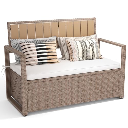 Black Beige 90 Gallon Outdoor Wicker Storage Bench with Cushion D280508