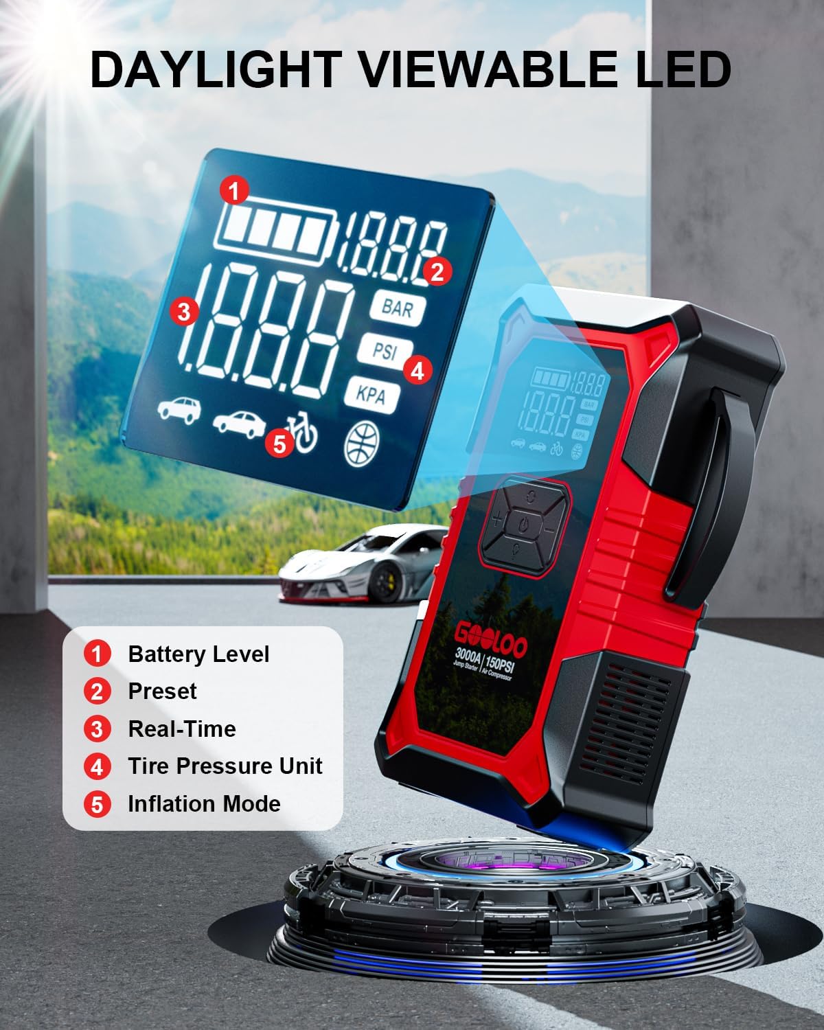 3000A Portable Car Battery Booster with 150PSI Tire Inflator B9530