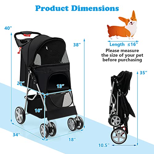 4 Wheels Folding Pet Stroller with Storage Basket and Adjustable Canopy C4318