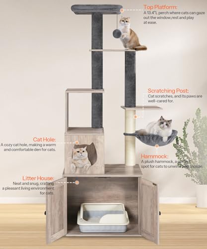 Greige 67.7" H Wooden Cat Tree with Litter Box Enclosure N9284