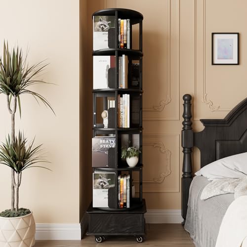 Black 5-Tier Rotating Book Shelf with Drawer V94623