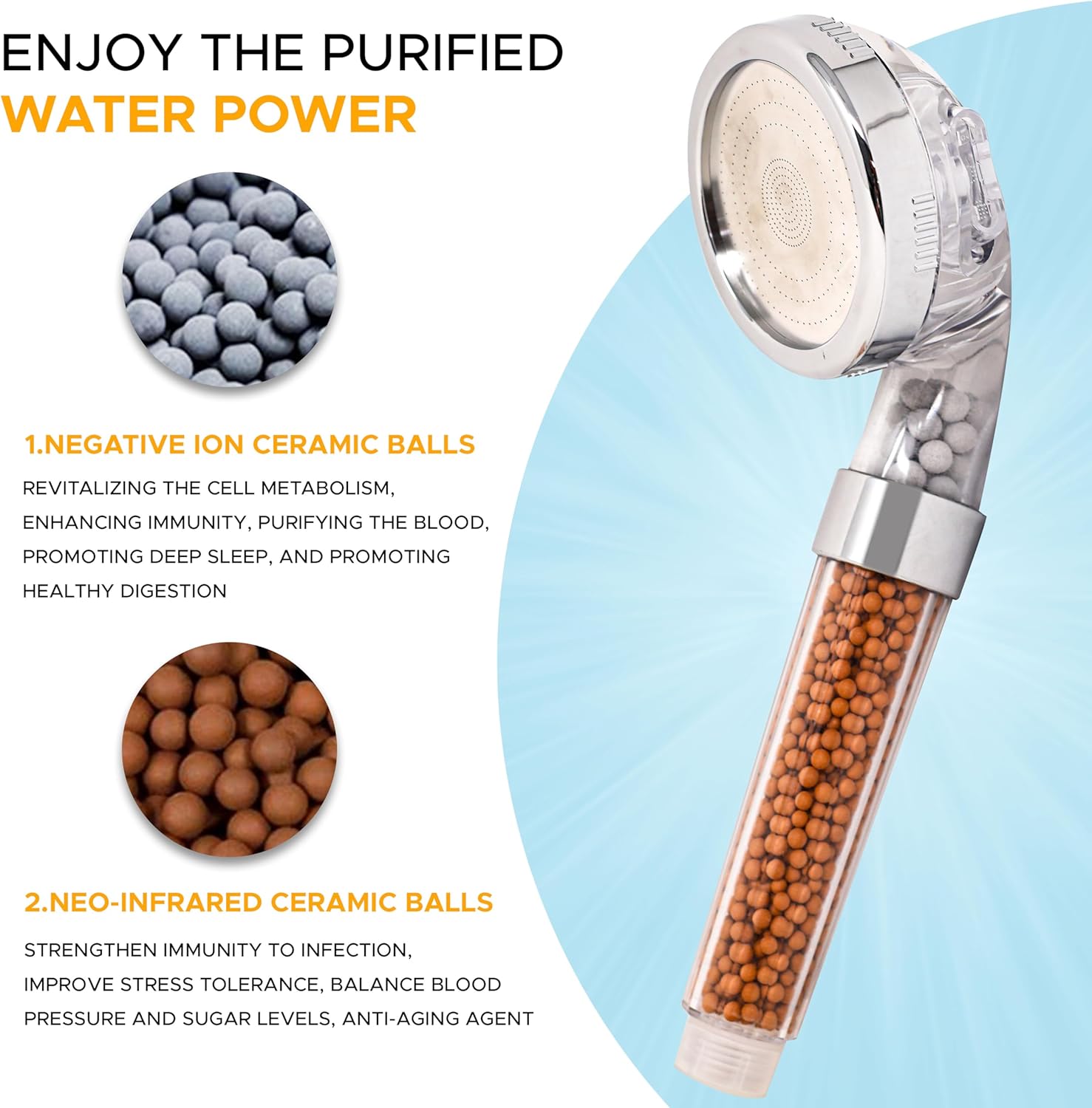 Shower Head with Triple Filtration Handheld Shower Head 3 Modes Adjustable Shower Head with Mineral Stones U54163