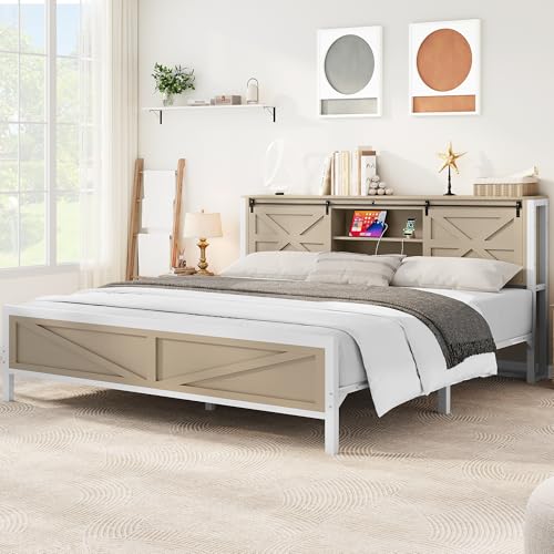 White Queen Size Bed Frame with Headboard and Storage Shelves I43433