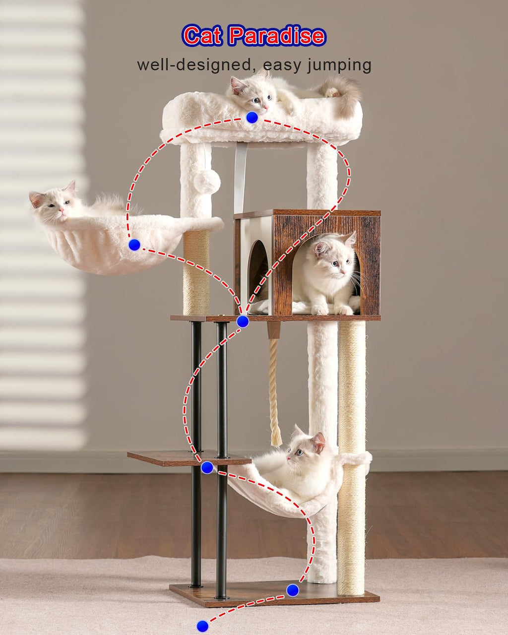 Rustic Brown 43.3in Wood Cat Tree with Sisal Rope Scratching Post V58118