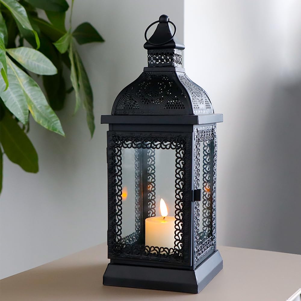 Black Metal Candle Lantern 13'' High with Tempered Glass E53080