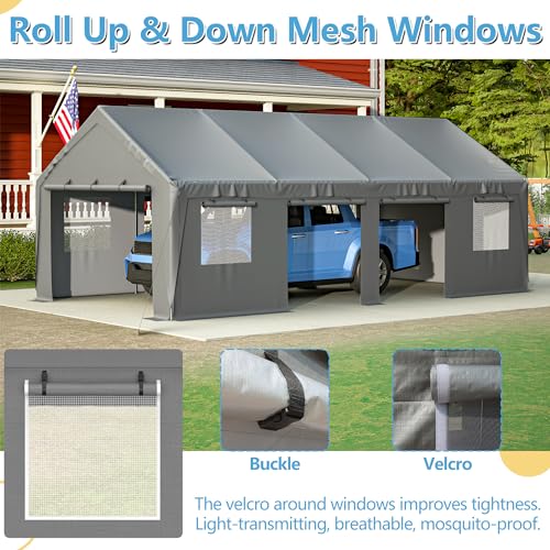 Carport 20x12ft Portable Garage with Roll-up Ventilated Windows & Removable Sidewalls P866