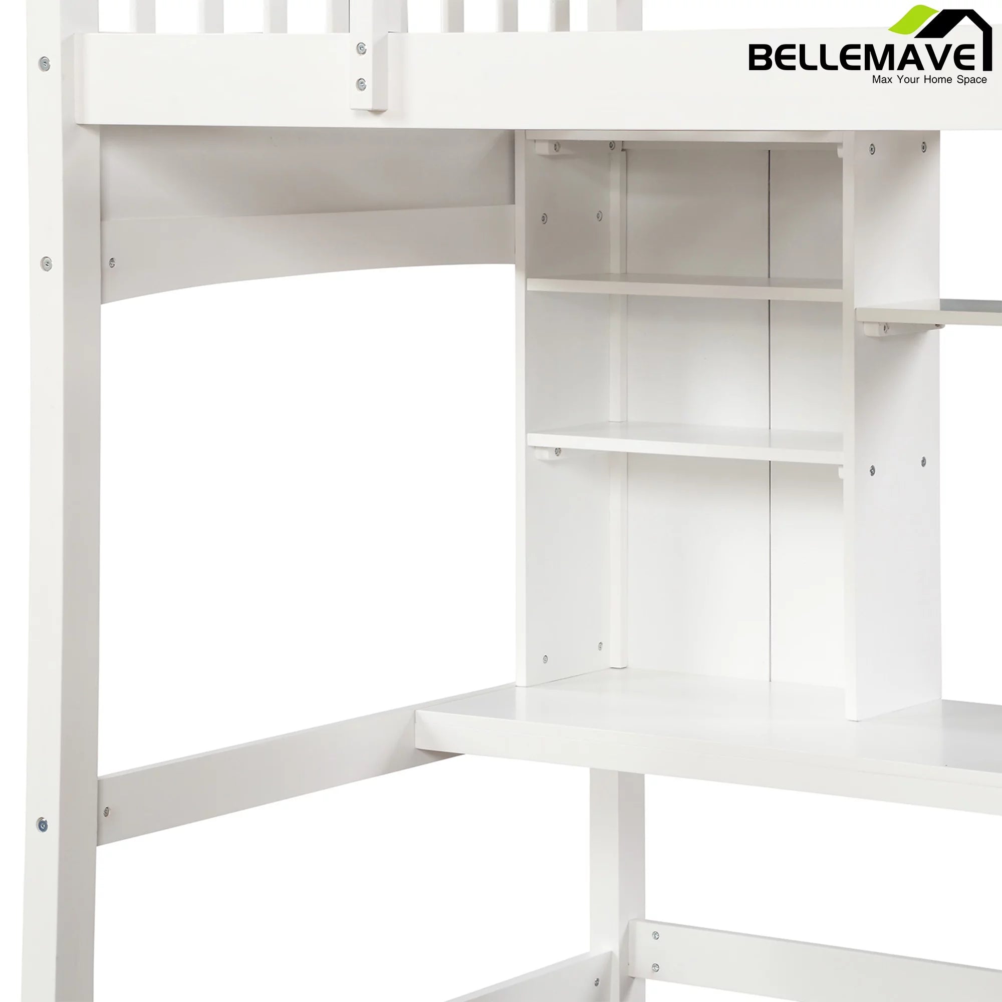 Twin Size High Loft Bed with Storage Shelves, Desk and Ladder Solid Wood Bed Frame with Safety Guardrails White D77146