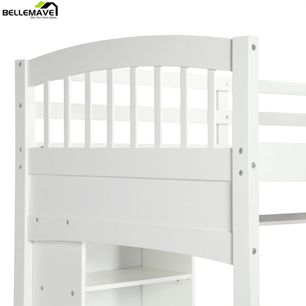 Twin Size High Loft Bed with Storage Shelves, Desk and Ladder Solid Wood Bed Frame with Safety Guardrails White D77146