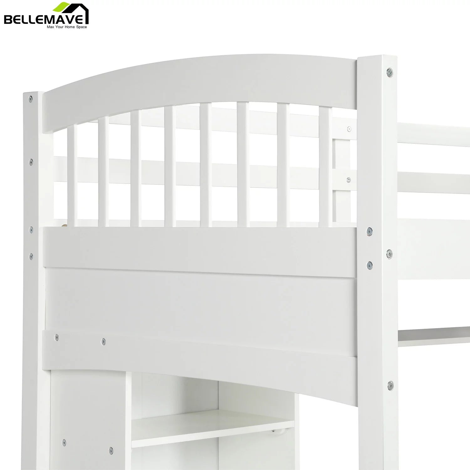 Twin Size High Loft Bed with Storage Shelves, Desk and Ladder Solid Wood Bed Frame with Safety Guardrails White D77146
