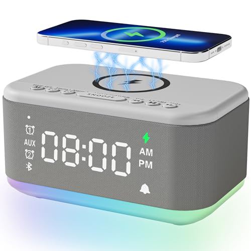 Gray Digital Alarm Clock with Bluetooth Speaker and Wireless Charger C580