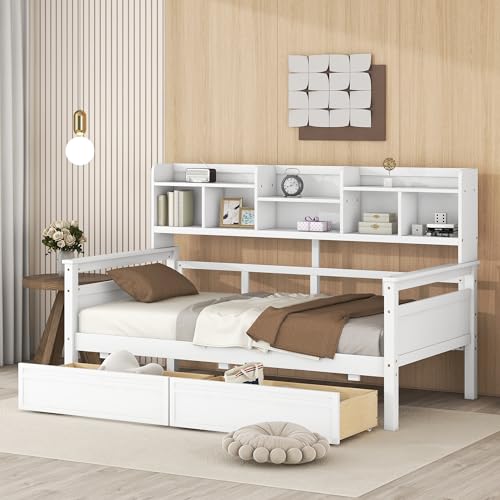 Twin Size Wood Daybed with Shelf and 2 Storage Drawers A431