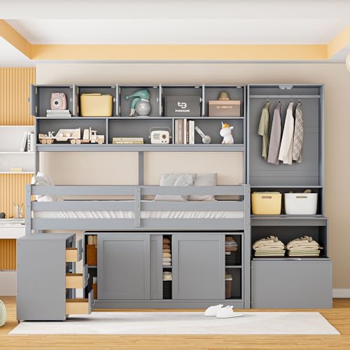 White Low Wood Loft Bed Twin Size with Rolling Desk and Drawers X6776