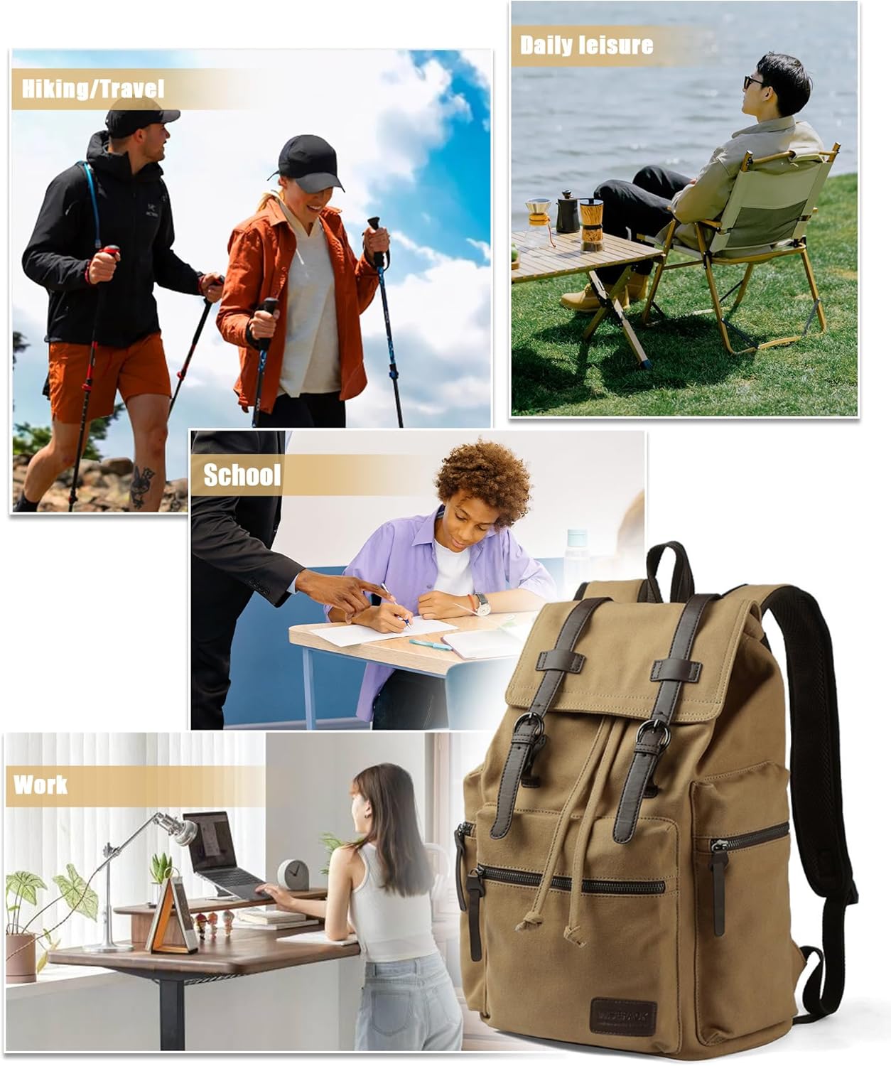 Canvas Vintage Casual Daypack Backpack, Water Resistant Lightweight 14 Inch Laptop Rucksack Hiking Bag, Khaki E52456