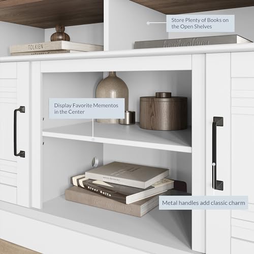 White Wood TV Stand with Open Storage Shelves and Cabinets E7926