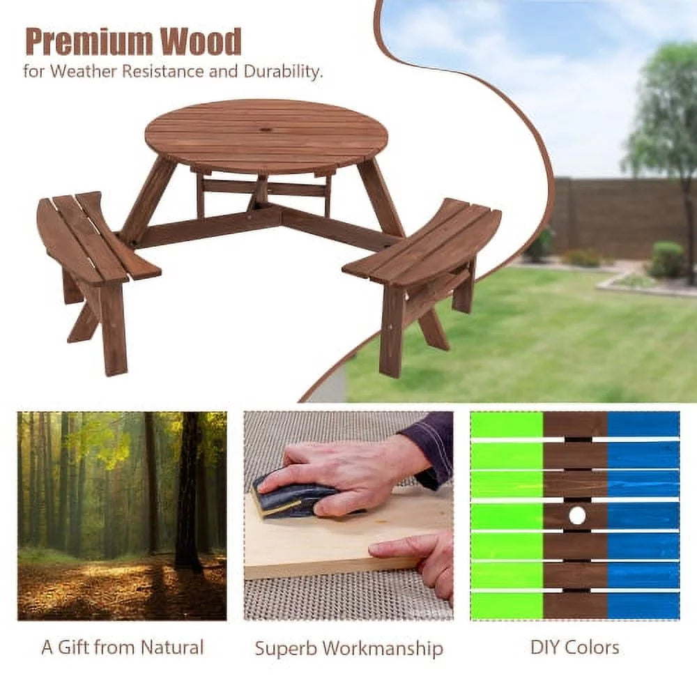 6-Person Circular Outdoor Wooden Picnic Table with 3 Built-in Benches Y52951