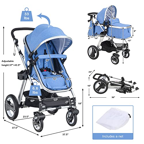 2-in-1 Convertible Bassinet Reclining Stroller with 5-Point Harness, Aluminum Structure, Khaki X47030