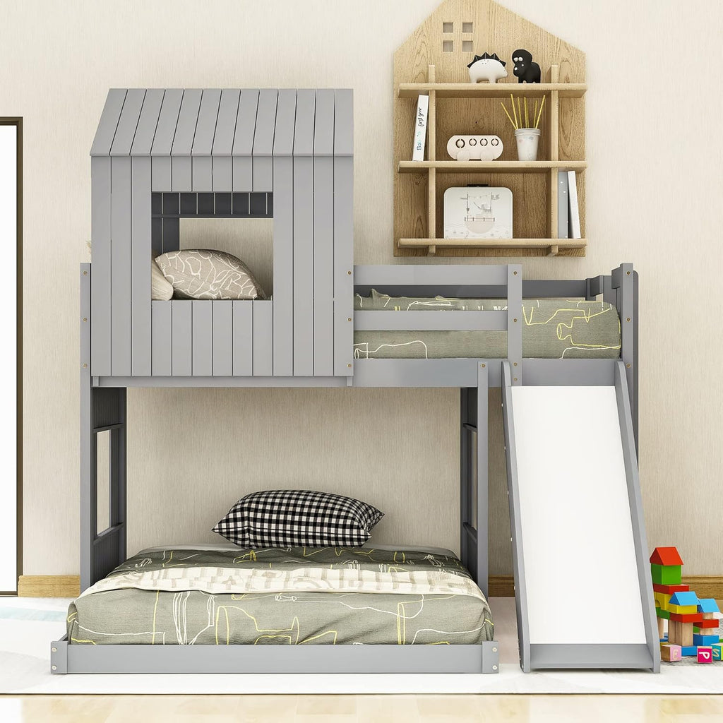 Gray Wood Twin Over Full Bunk Bed with Ladder and Slide J79221