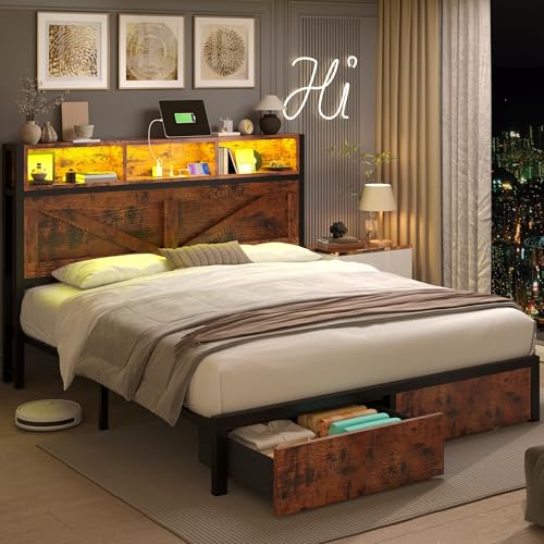 Rustic Brown Full Bed Frame with Bookcase Headboard and Storage Drawers G373360