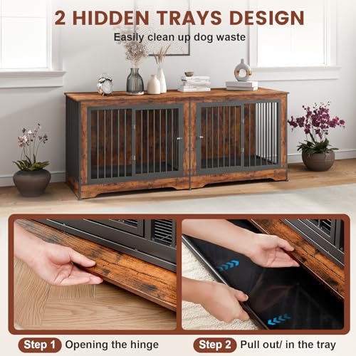75 Inch Double Dog Crate Furniture Rustic Brown with Trays and Divider A2215