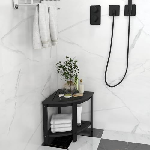 Black Poly Lumber Corner Shower Bench with Storage Shelf Y80763