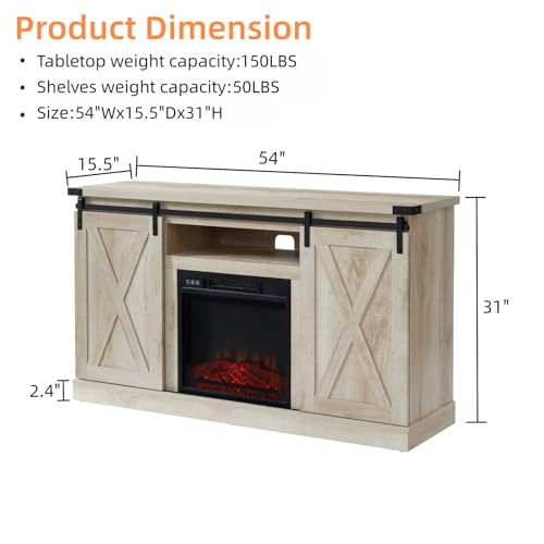 White Oak Electric Fireplace TV Stand with Sliding Barn Door, 54"x15.5"x31" E219