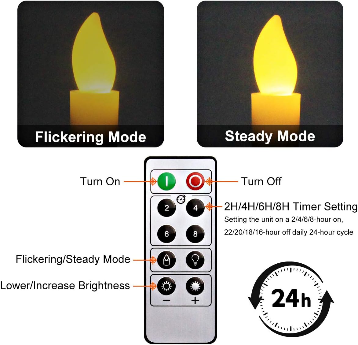 6 Set Gold LED Flameless Taper Candles with Timer A92344