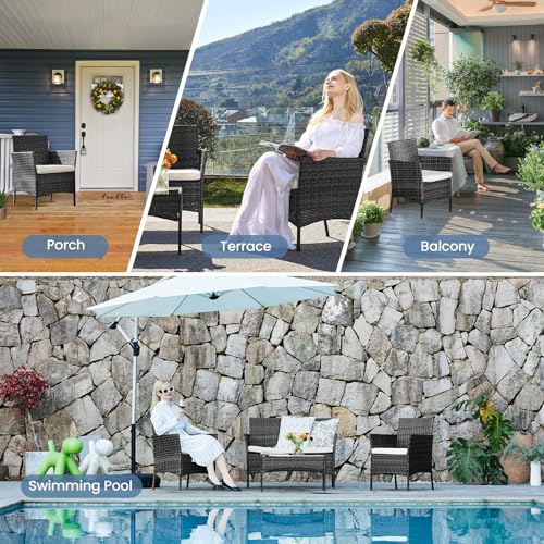 Black 4 Piece Outdoor Wicker Patio Furniture Set with Coffee Table and Sofa Y795177