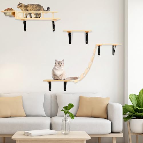 Set of 5 Cat Wall Shelves with 2 Cat Food Bowls, 1 Bridge Ladder & 3 Cat Wall Steps K53653