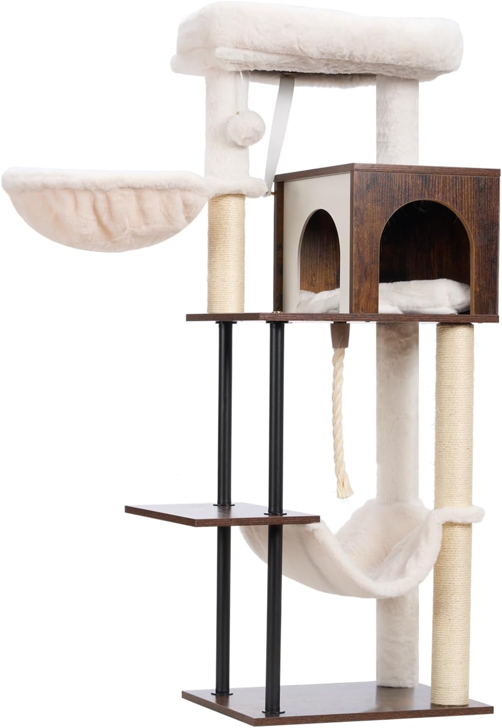 Rustic Brown 43.3in Wood Cat Tree with Sisal Rope Scratching Post V58118