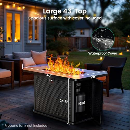 43-Inch Rectangular Propane Fire Pit with 60,000 BTU Output, Cover and Rocks, 304 Stainless Steel H-Burner E8271